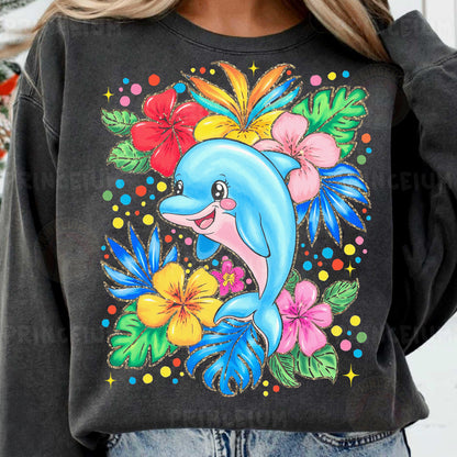 a woman wearing a sweatshirt with a dolphin on it