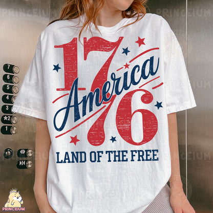 a woman wearing a white t - shirt that says america 76 land of the free