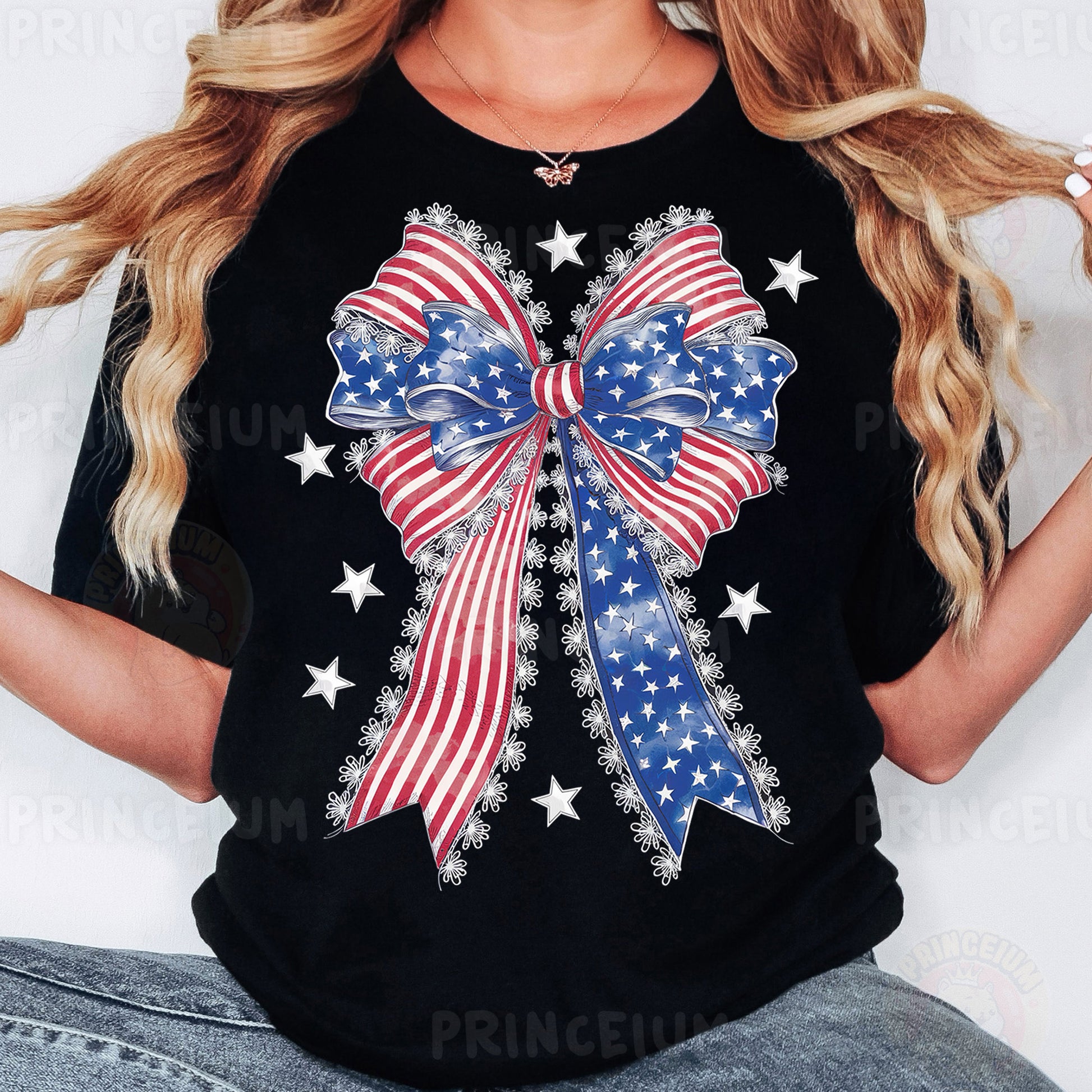 a woman wearing a black shirt with an american flag bow on it