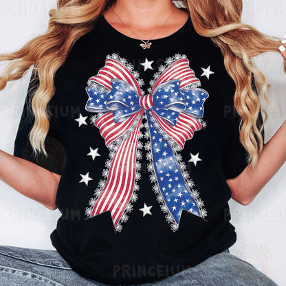 a woman wearing a black shirt with an american flag bow on it
