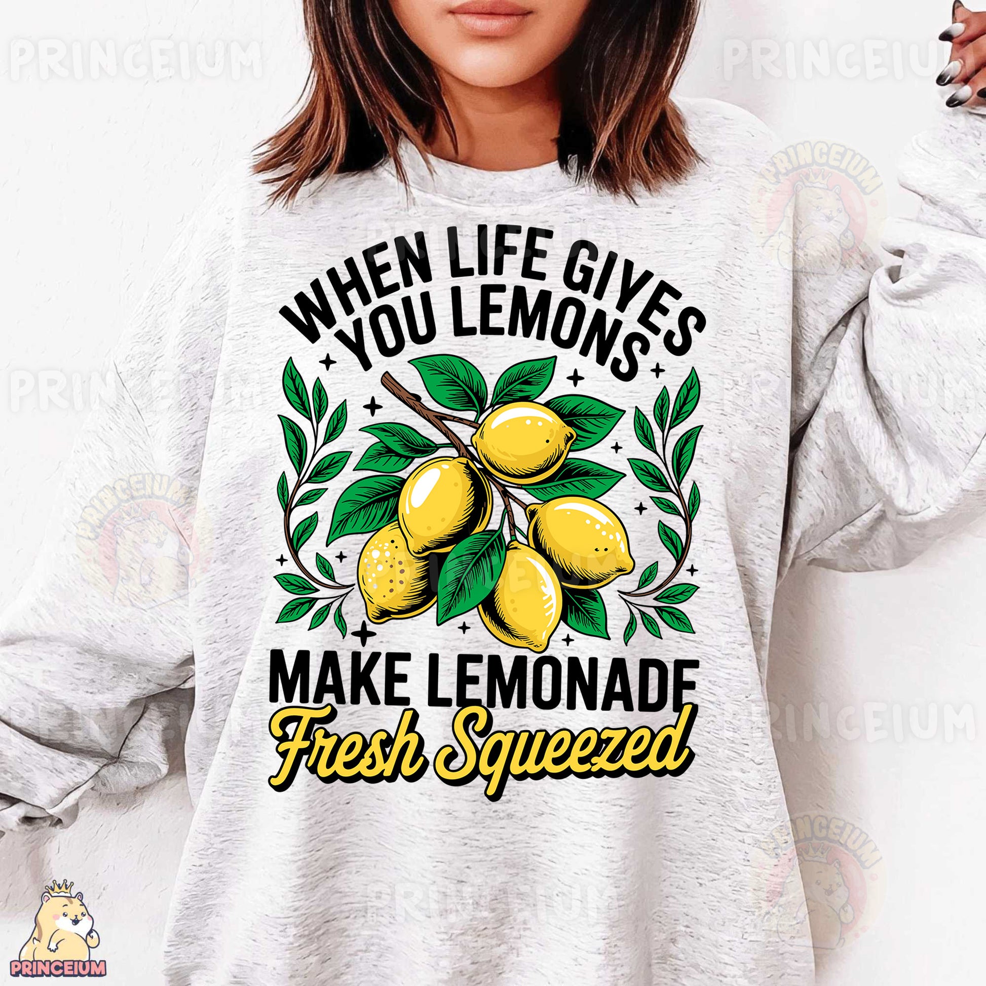 a woman wearing a sweatshirt that says when life gives you lemons make lemonade