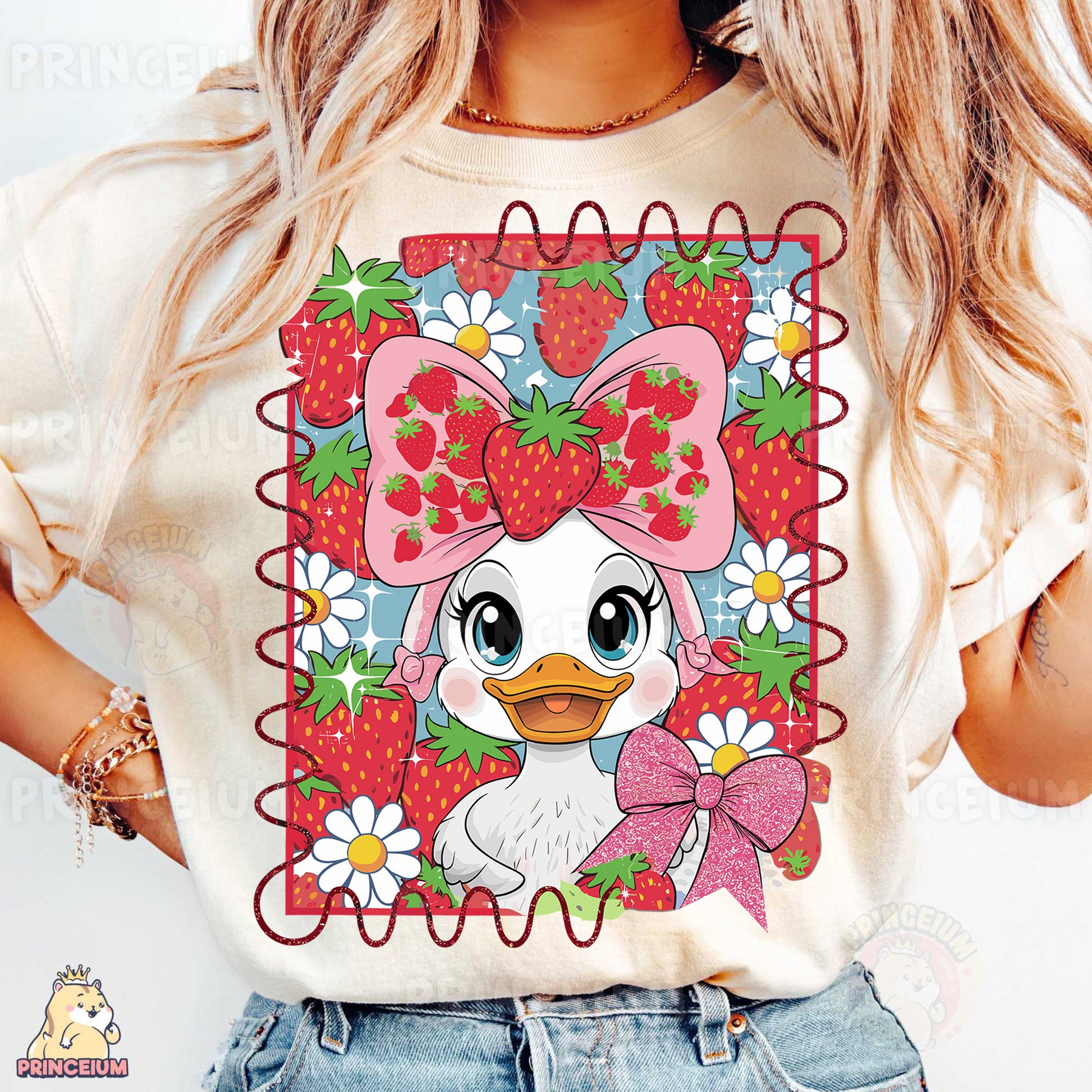 a woman wearing a t - shirt with a picture of a duck wearing a bow