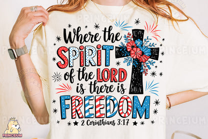 a woman wearing a t - shirt that says, where the spirit of the lord