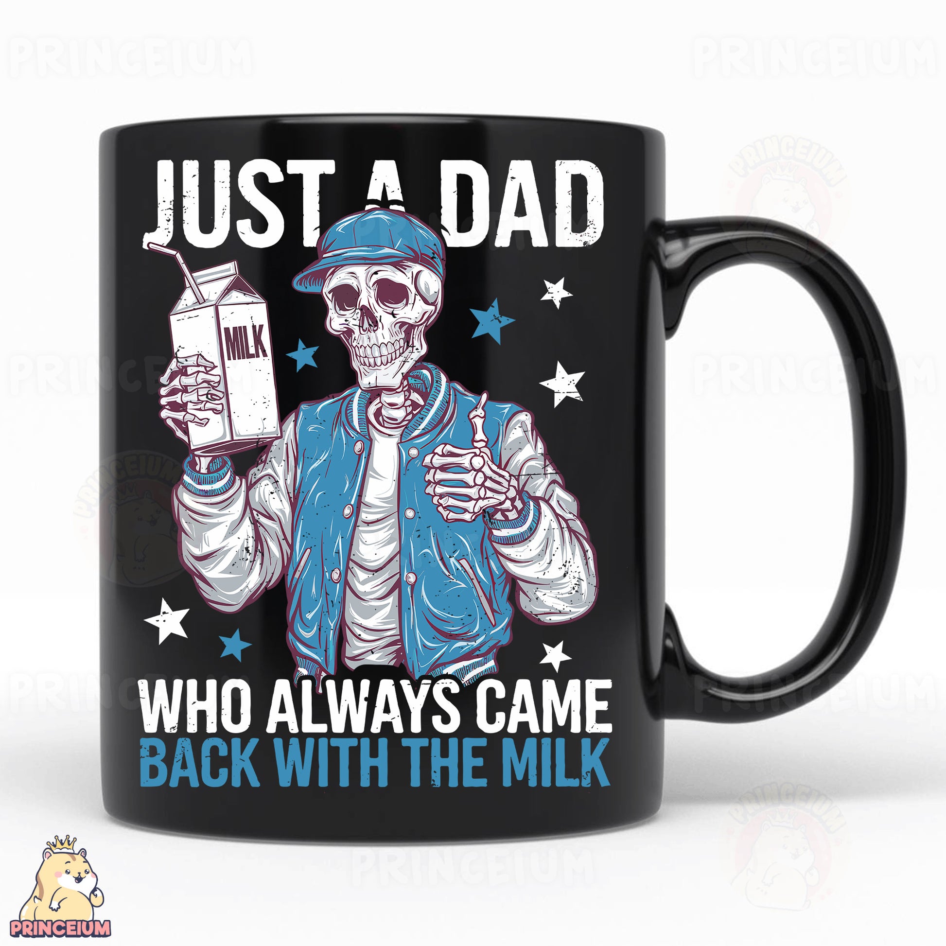 a black coffee mug with a skeleton holding a milk jug
