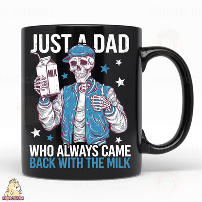 a black coffee mug with a skeleton holding a milk jug