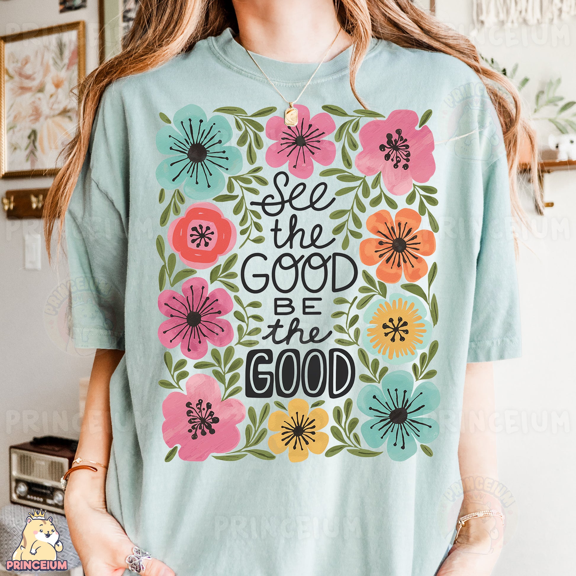 a woman wearing a t - shirt that says see the good be the good
