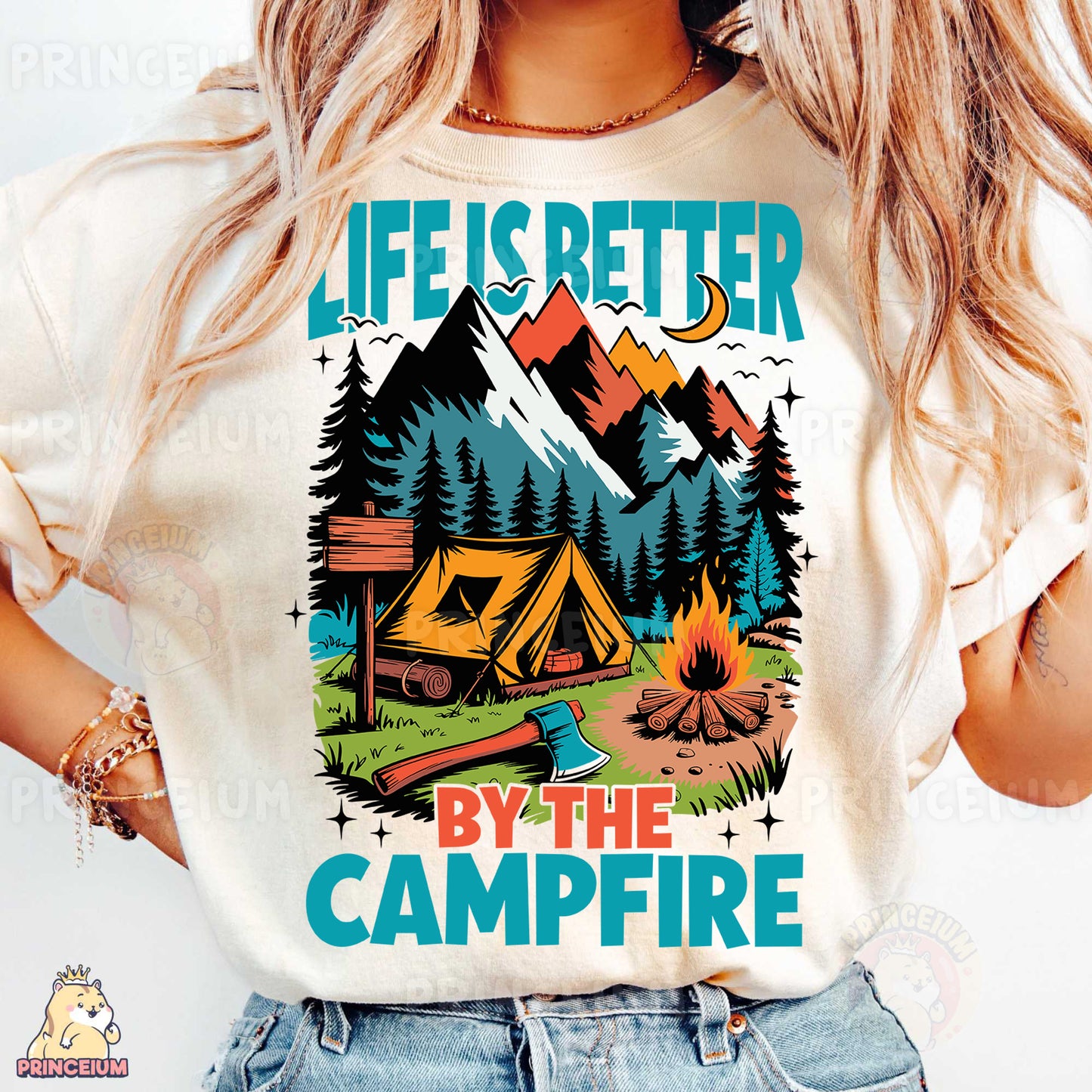 a woman wearing a t - shirt that says life is better by the campfire