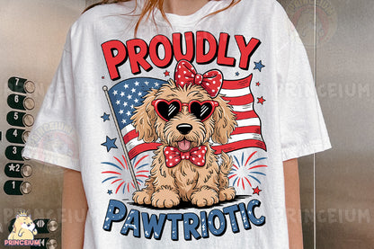 a woman wearing a t - shirt with a dog wearing sunglasses and a bow tie