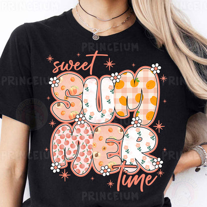 a woman wearing a black tshirt that says sweet summer time