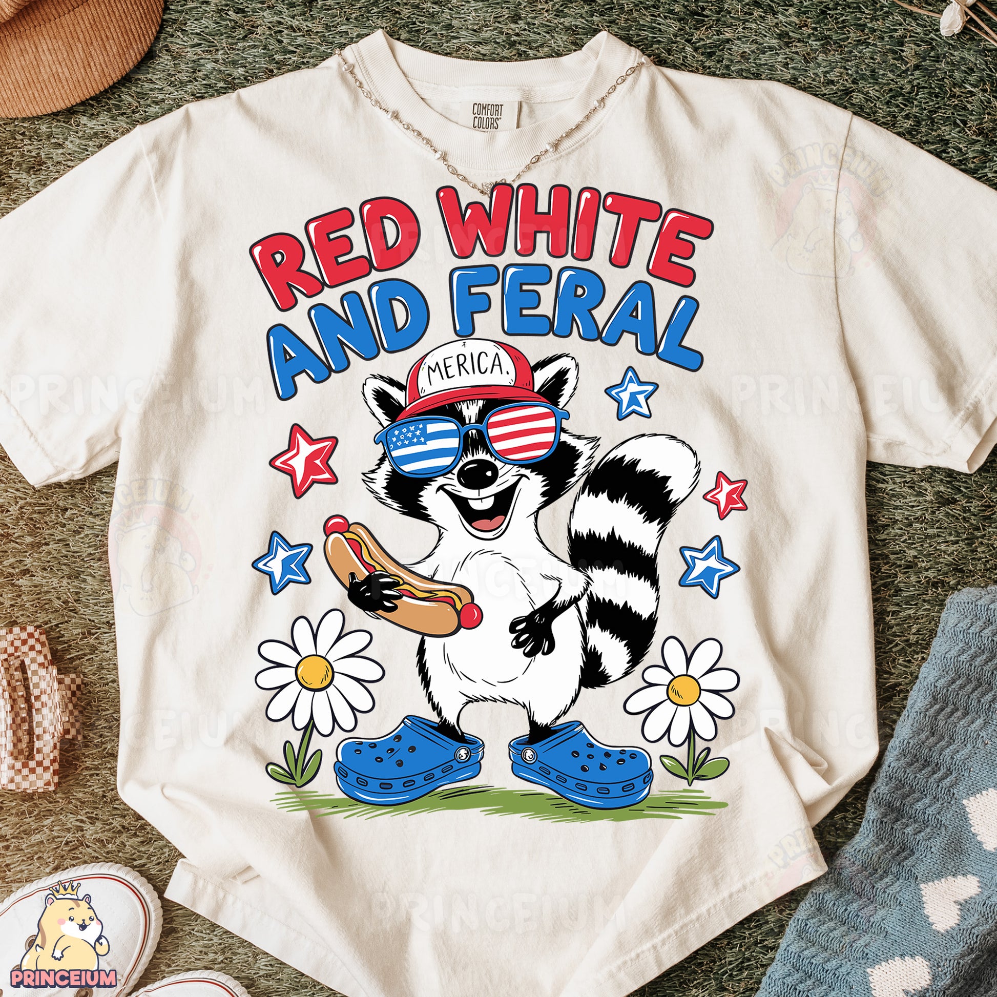 a white shirt with a raccoon holding a baseball bat