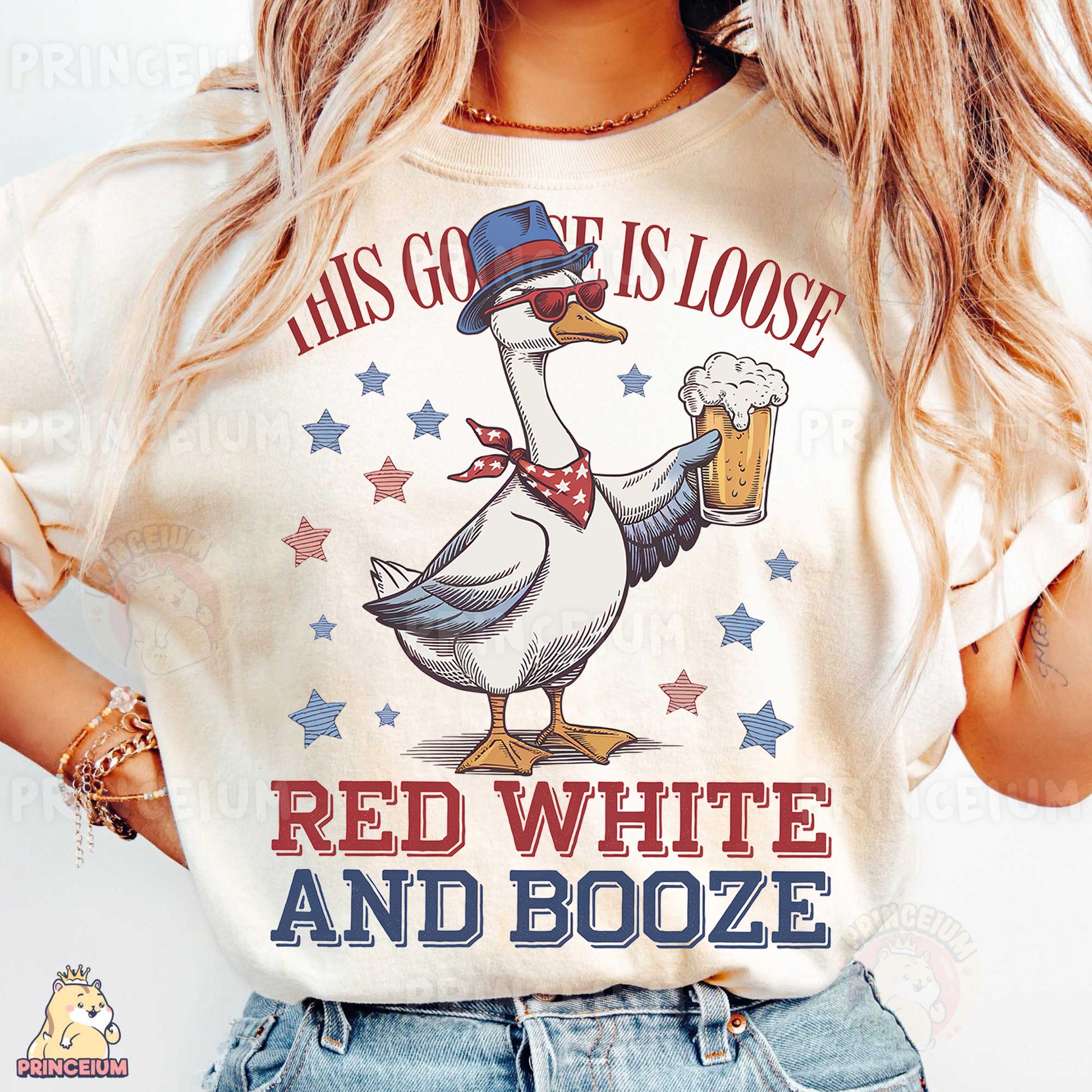 a woman wearing a red white and booze shirt