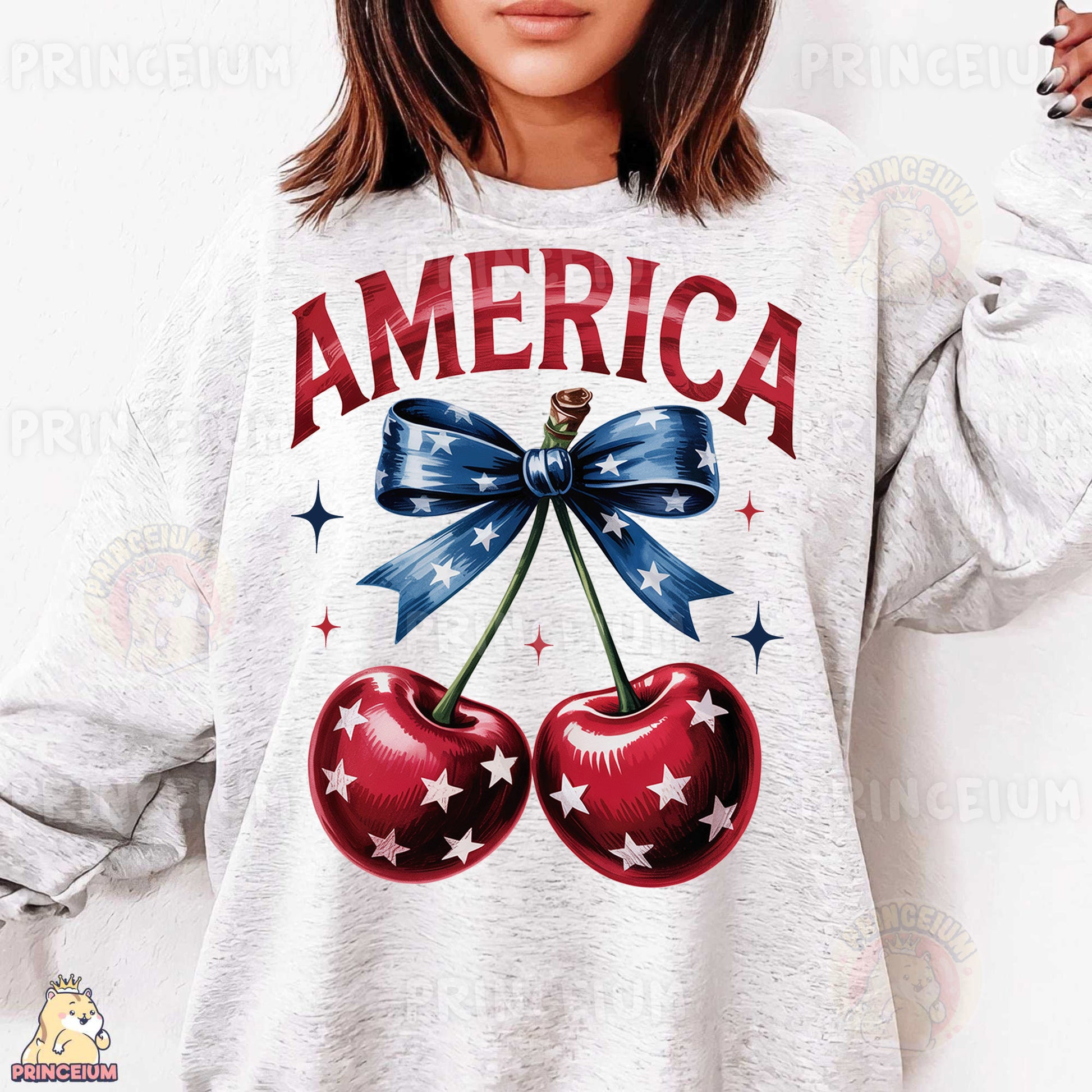 a woman wearing a sweatshirt with two cherries on it