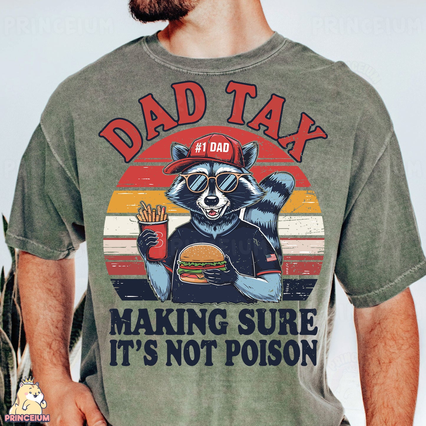 a man wearing a shirt that says dad tax making sure it's not po