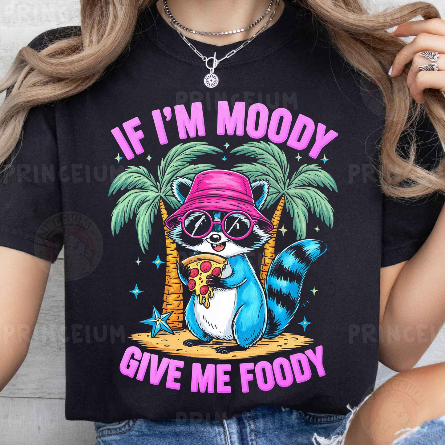 a woman wearing a black shirt with a raccoon wearing a pink hat and