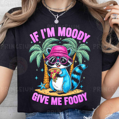 a woman wearing a black shirt with a raccoon wearing a pink hat and