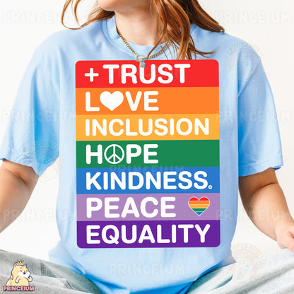 a woman wearing a t - shirt that says trust love, love, inclusion