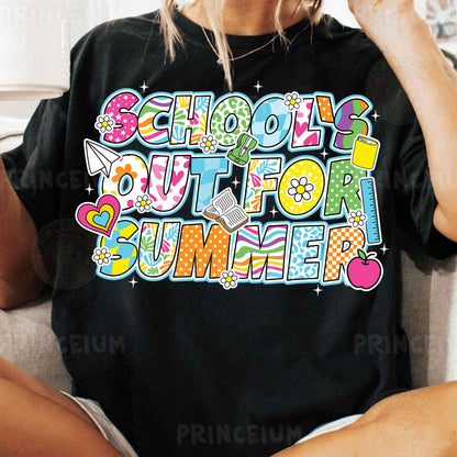 a woman sitting on a couch wearing a black shirt that says school out for summer