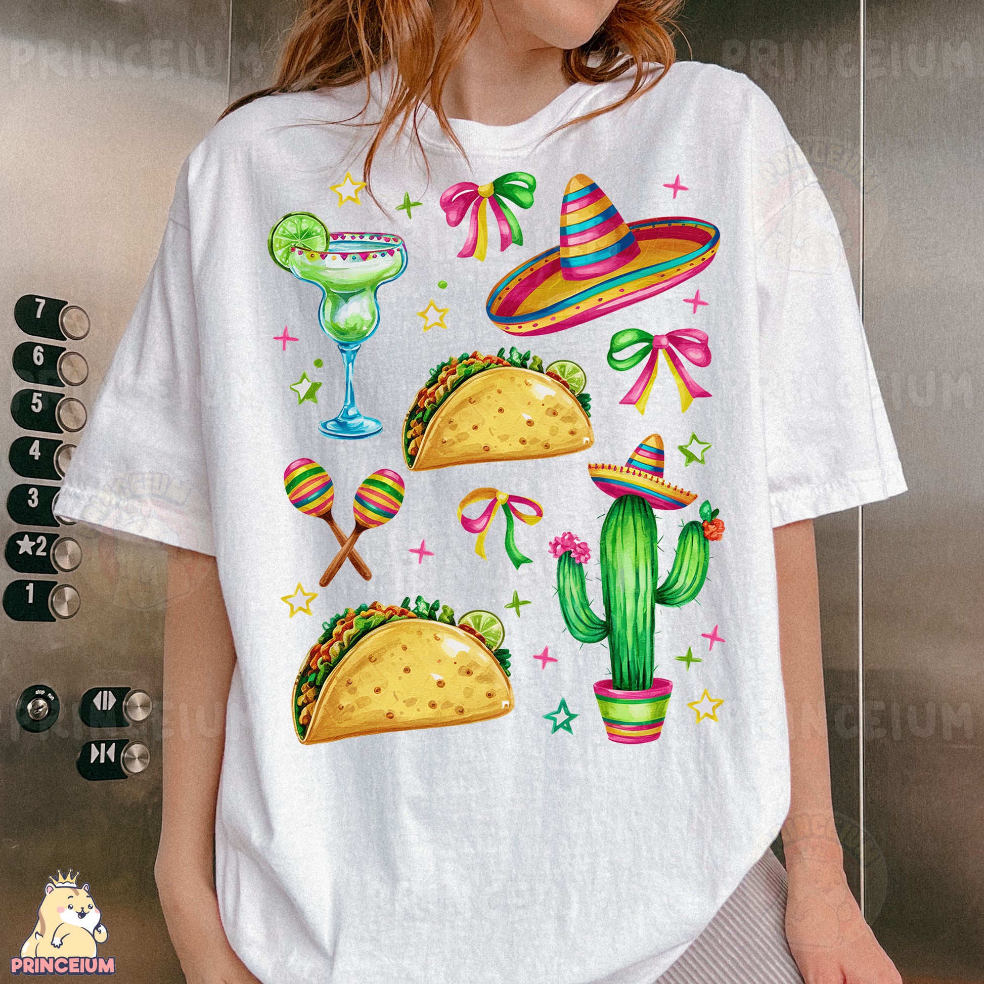a woman wearing a white t - shirt with tacos and sombreros on