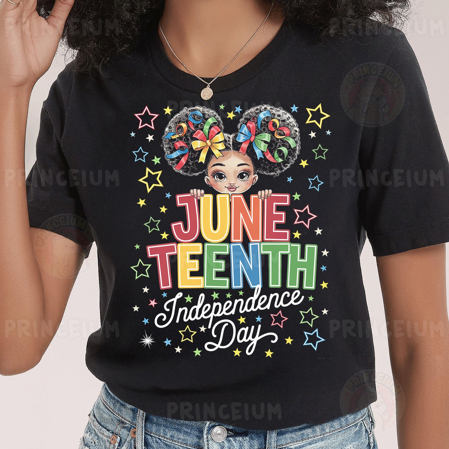 a woman wearing a t - shirt with the words juneteeth on it