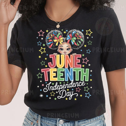 a woman wearing a t - shirt with the words juneteeth on it
