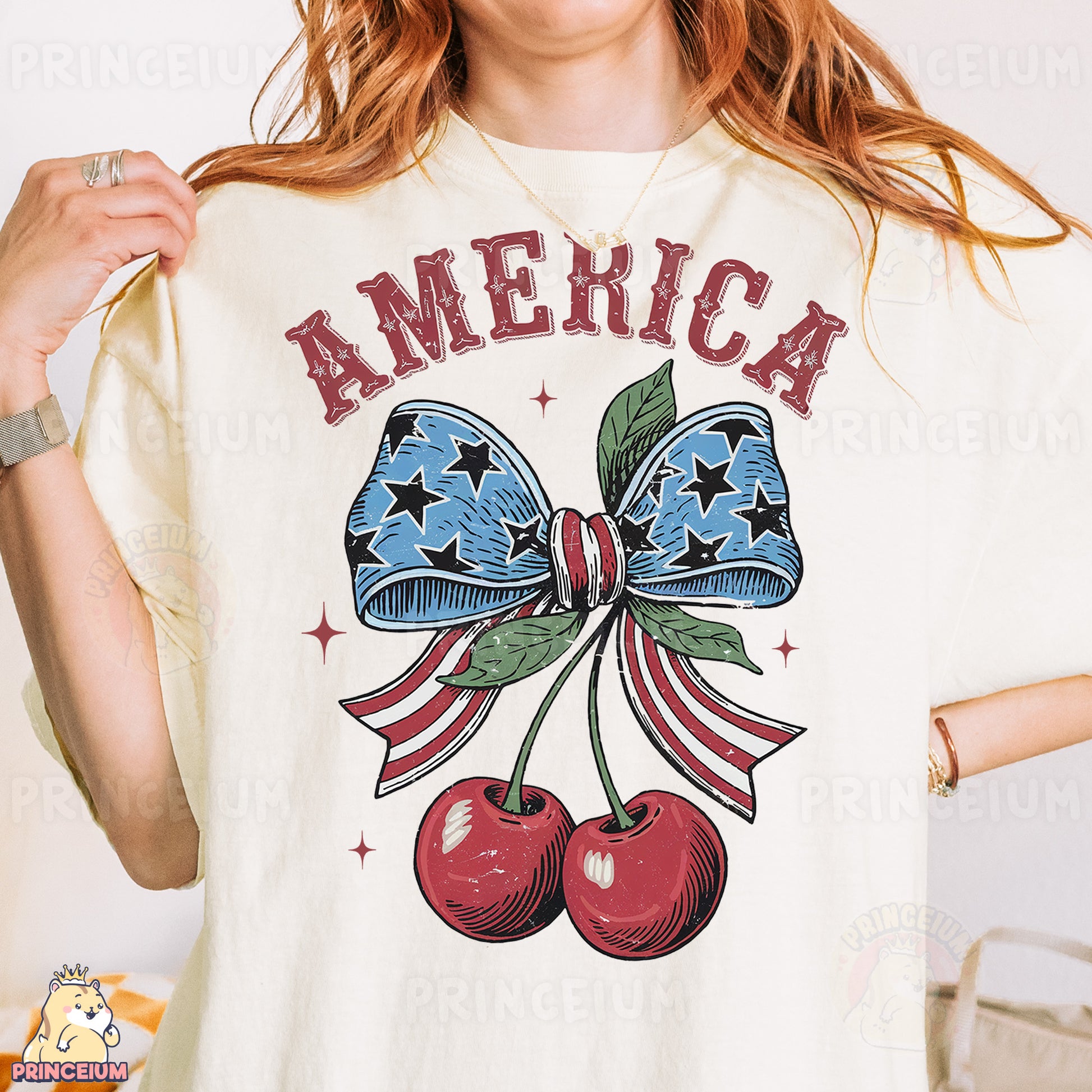 a woman wearing an american shirt with cherries on it