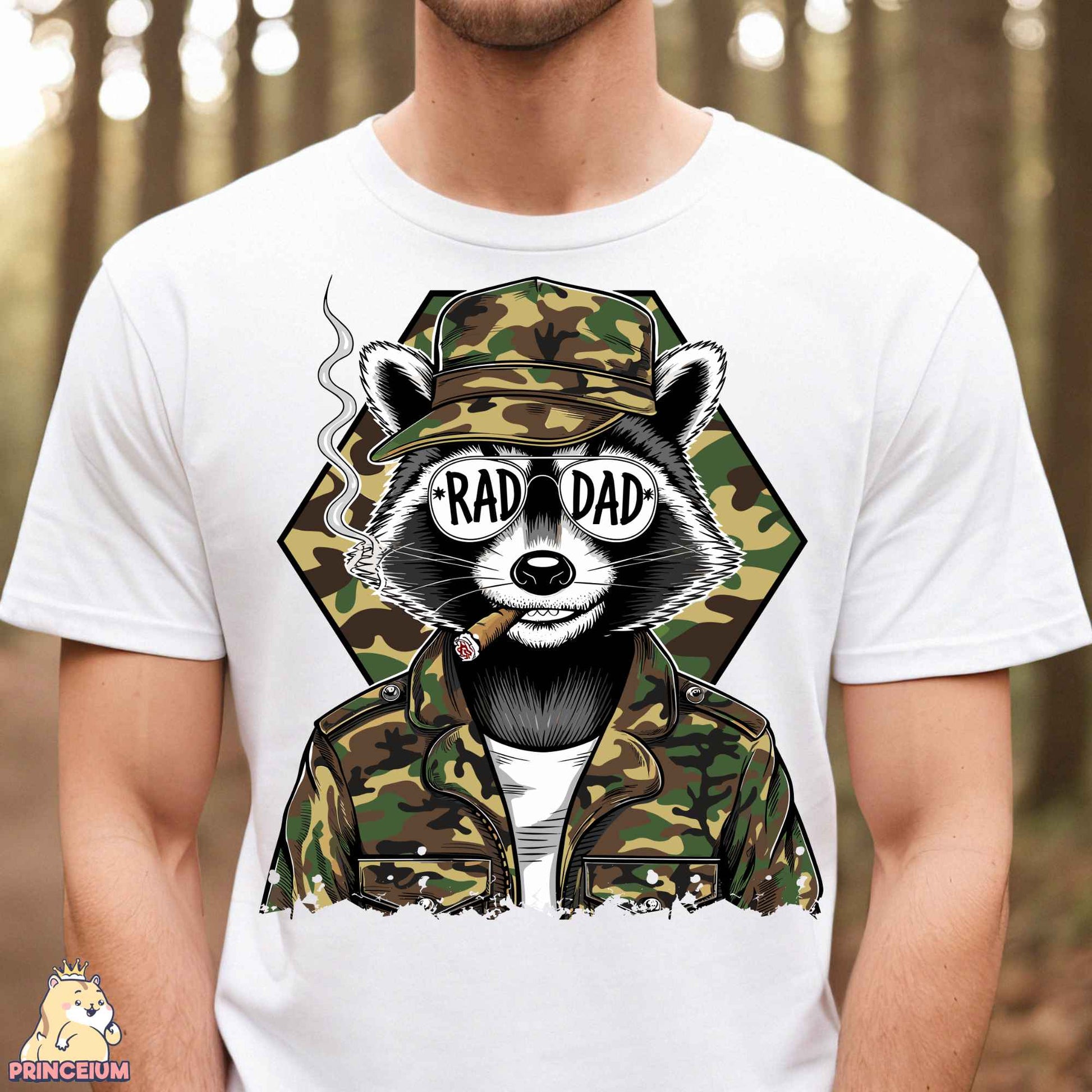 a man wearing a shirt with a raccoon on it