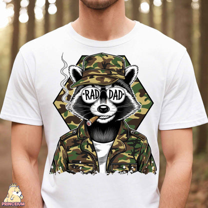 a man wearing a shirt with a raccoon on it