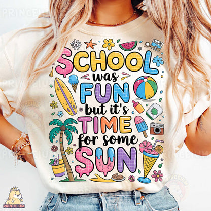 a woman wearing a t - shirt that says school was fun but it's
