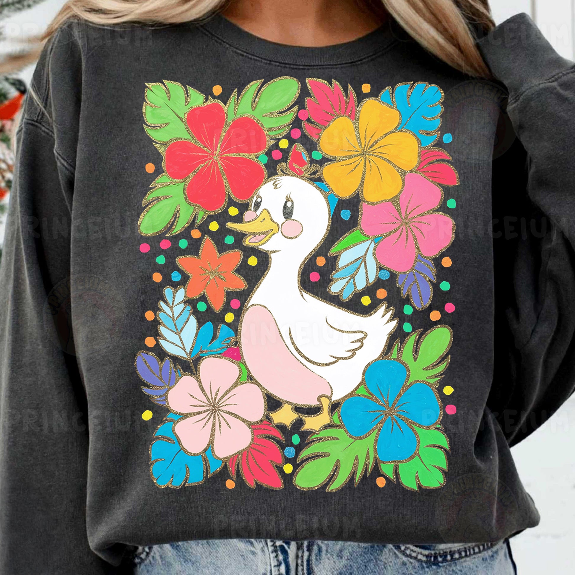 a woman wearing a sweatshirt with a duck and flowers on it
