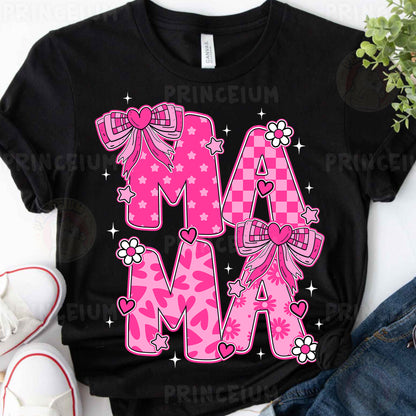 a black shirt with pink letters and bows