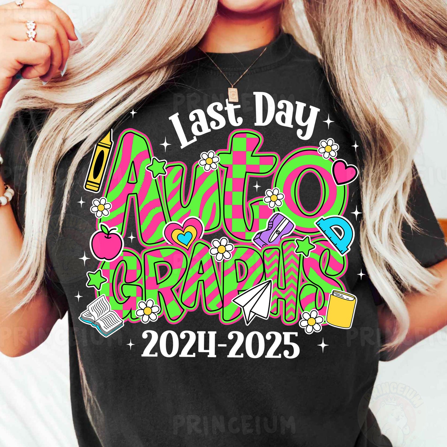 a woman wearing a black t - shirt with the words, last day auto detailing