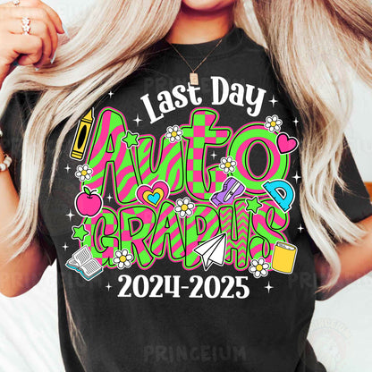 a woman wearing a black t - shirt with the words, last day auto detailing