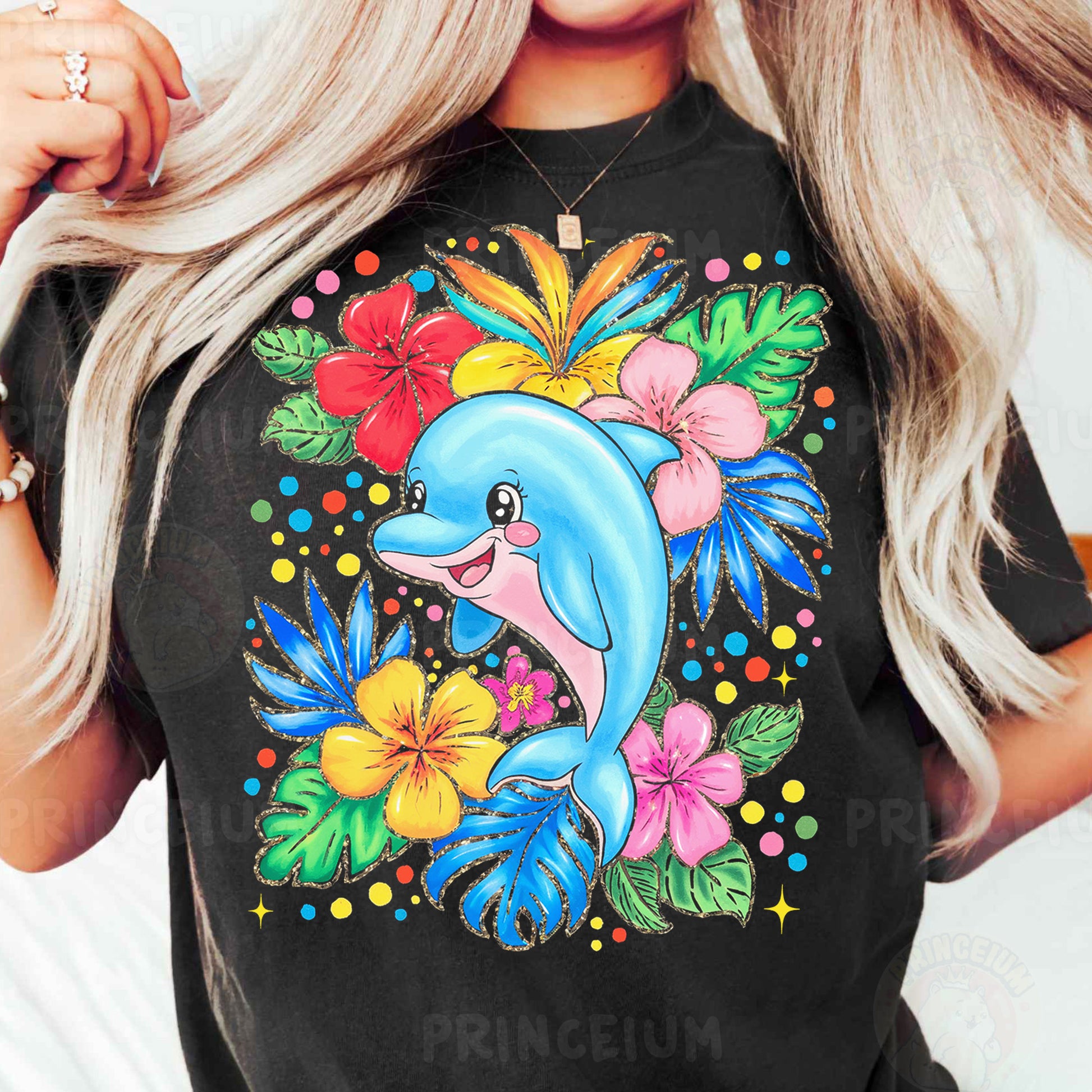 a woman wearing a t - shirt with a dolphin on it