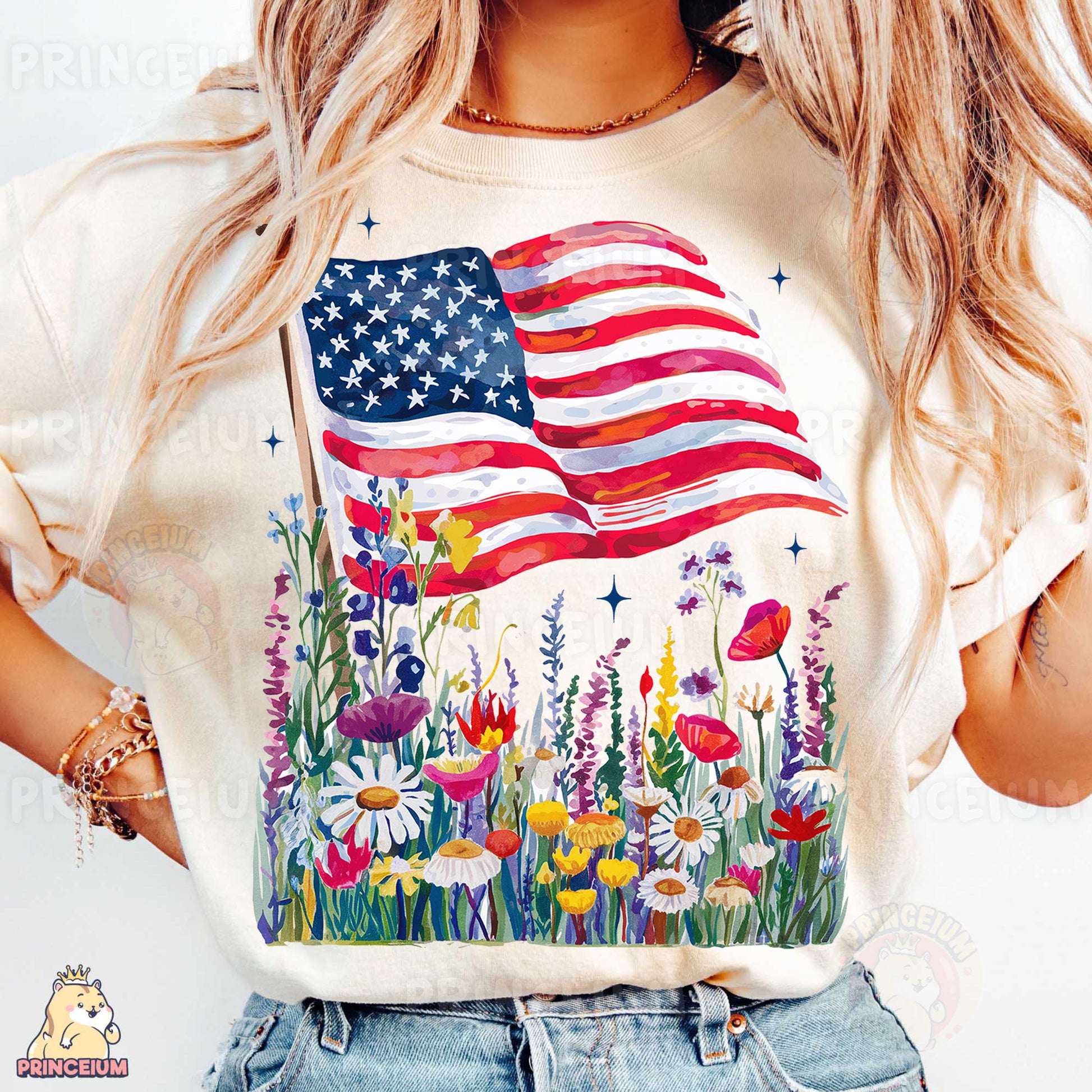 a woman wearing a t - shirt with an american flag on it