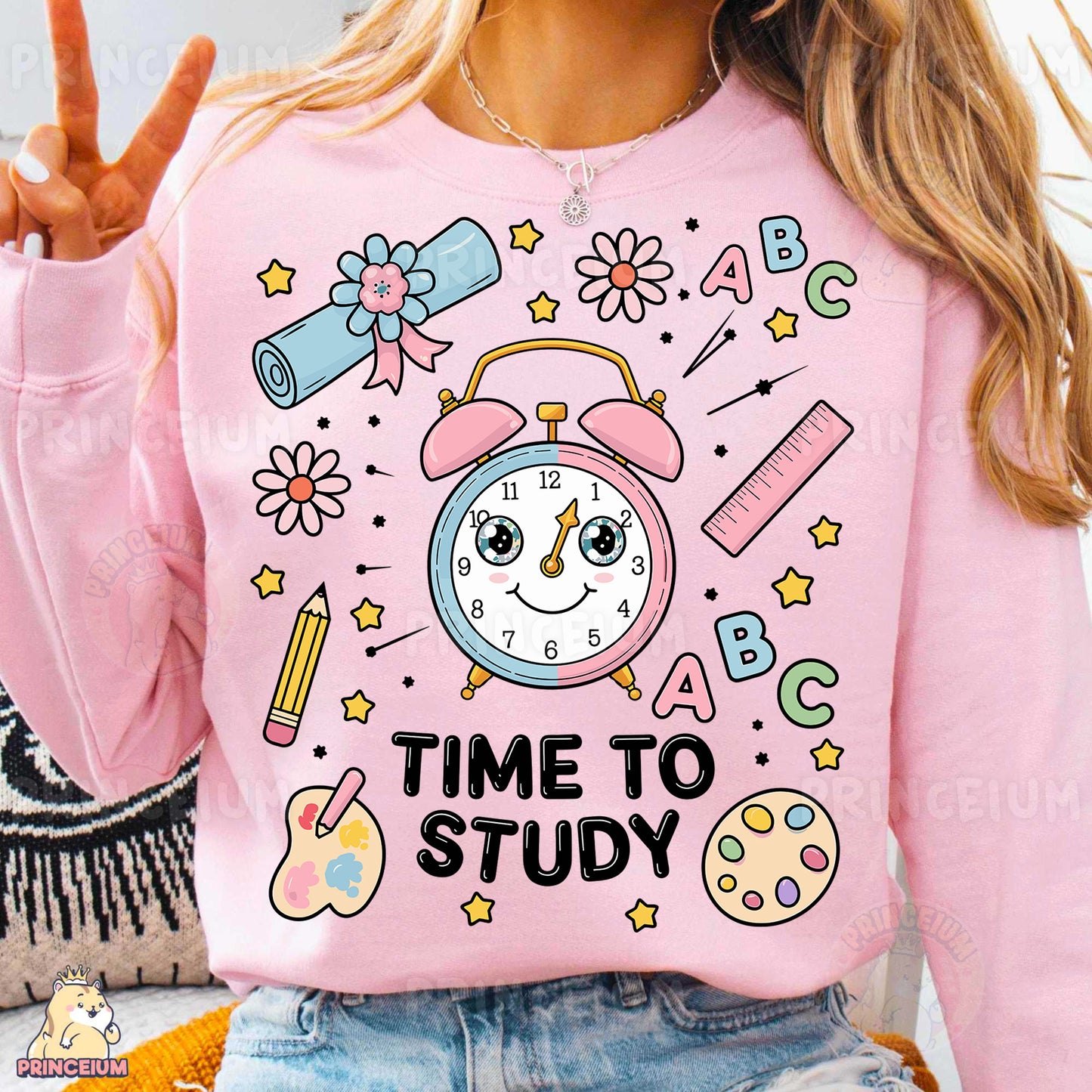 a woman wearing a pink shirt with a clock on it