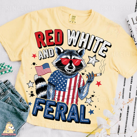 a yellow shirt with a raccoon and american flag on it