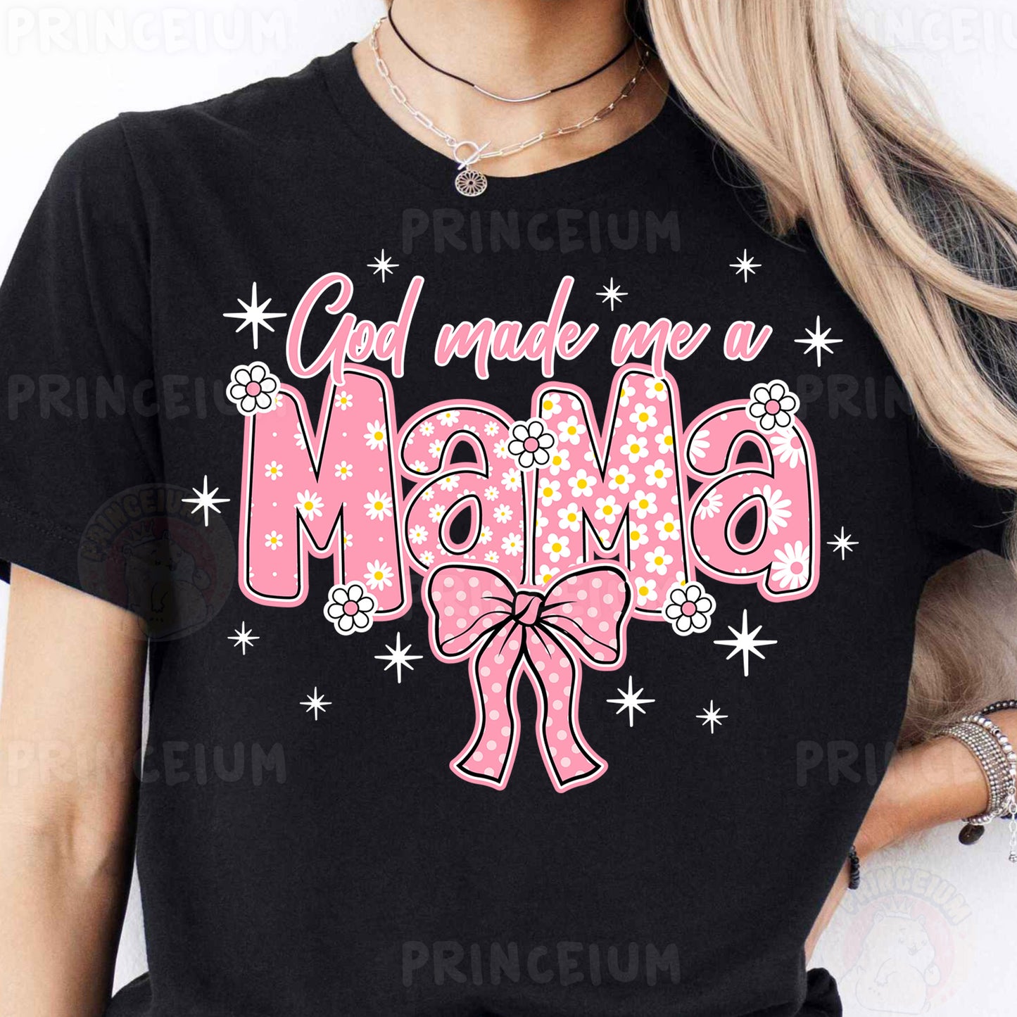 a woman wearing a black shirt with a pink bow