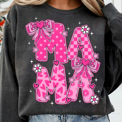 a woman wearing a pink and black sweatshirt with the word am on it
