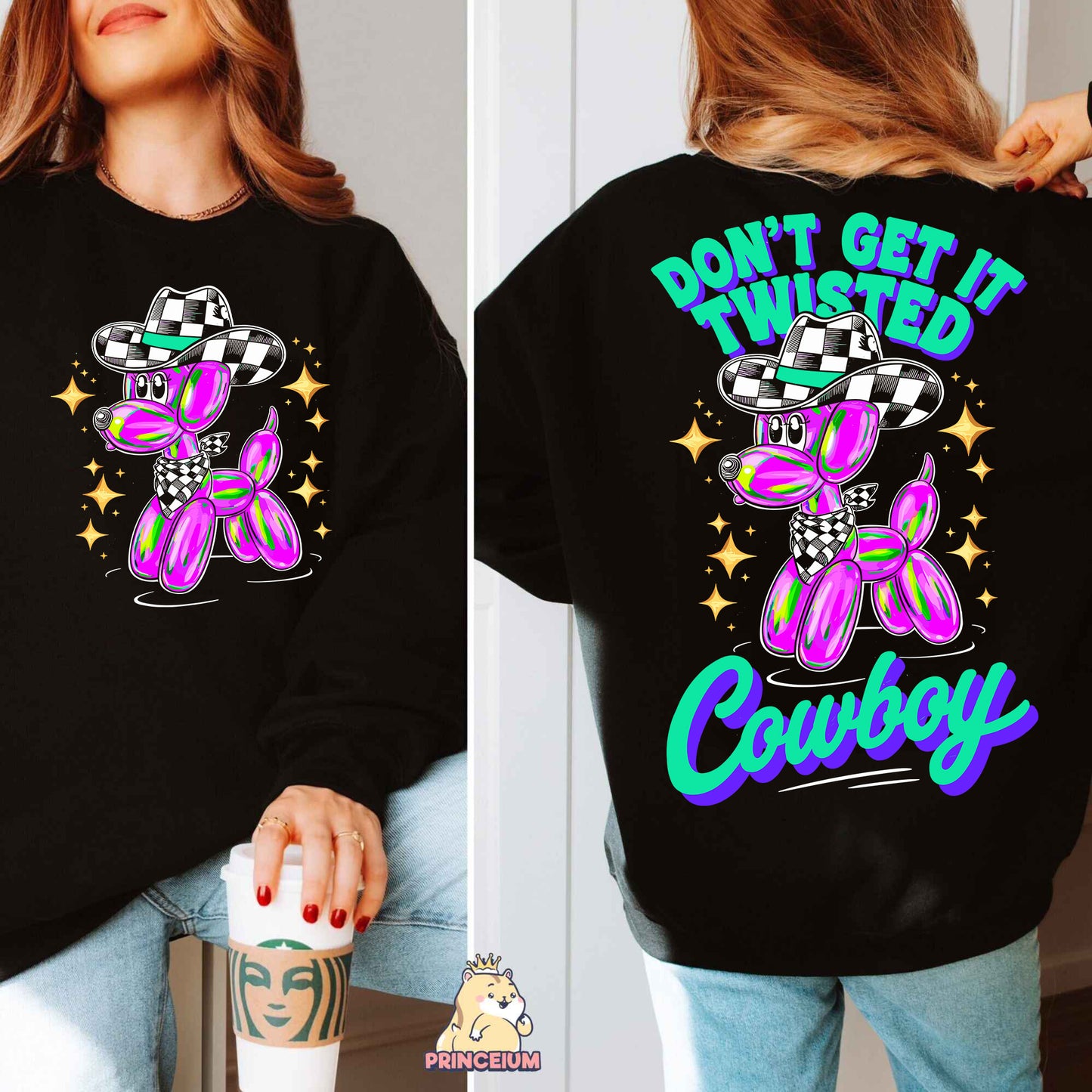 a woman wearing a black sweatshirt with a pink teddy bear on it