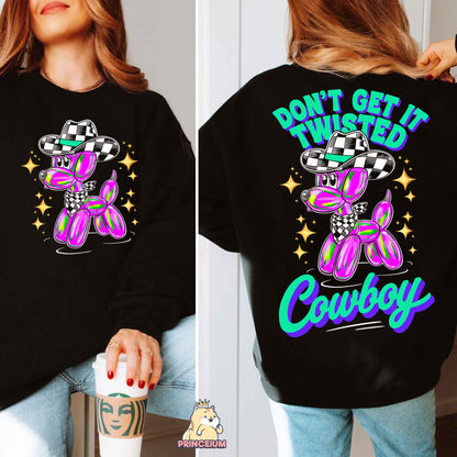 a woman wearing a black sweatshirt with a pink teddy bear on it