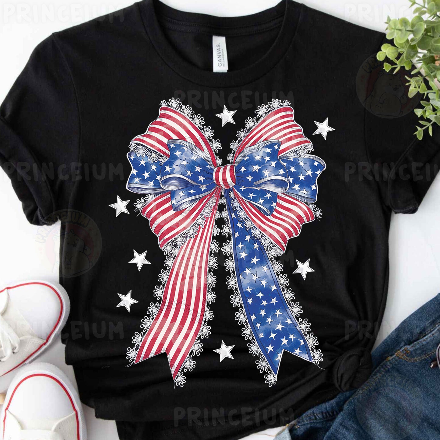 a t - shirt with an american flag bow on it