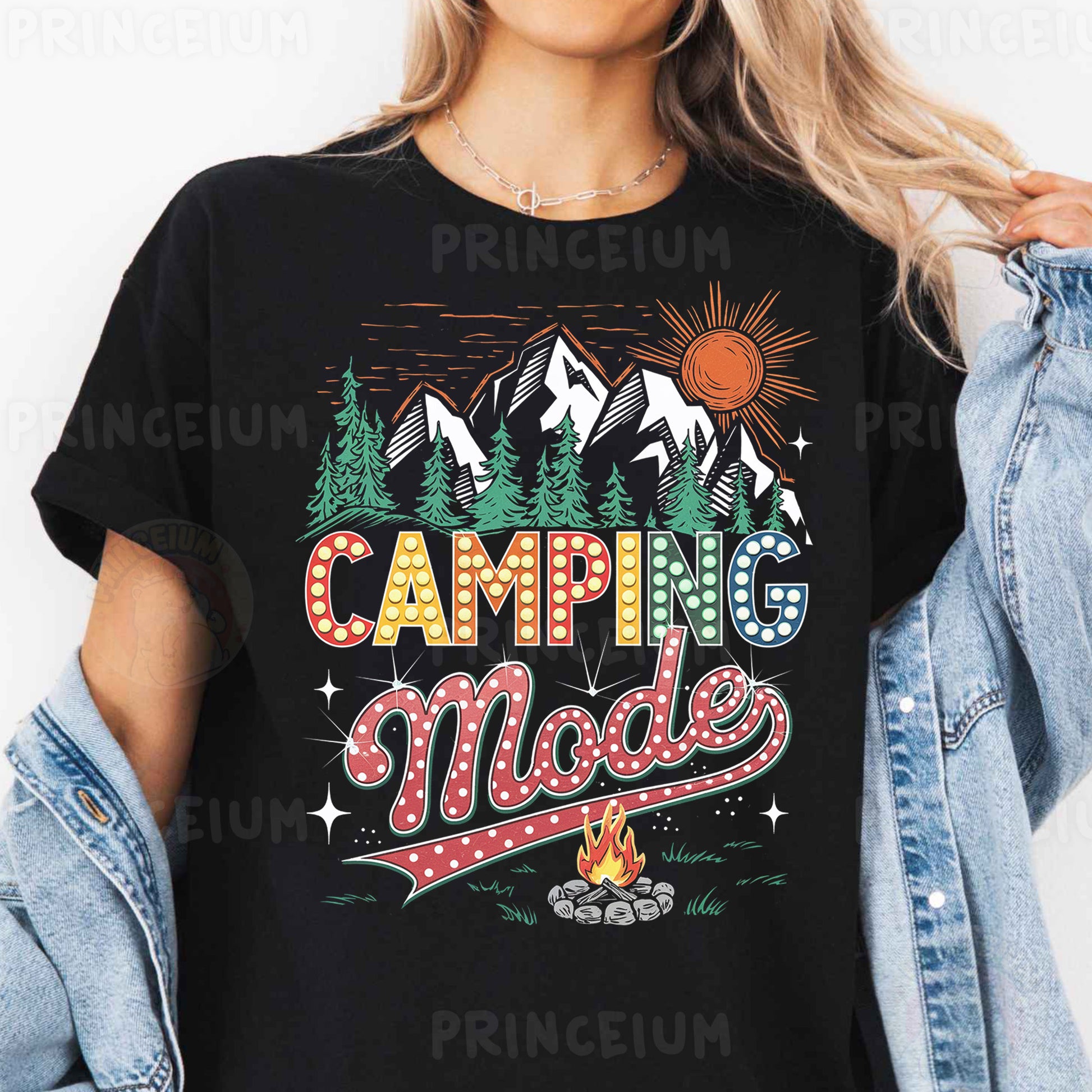 a woman wearing a black camping mode t - shirt