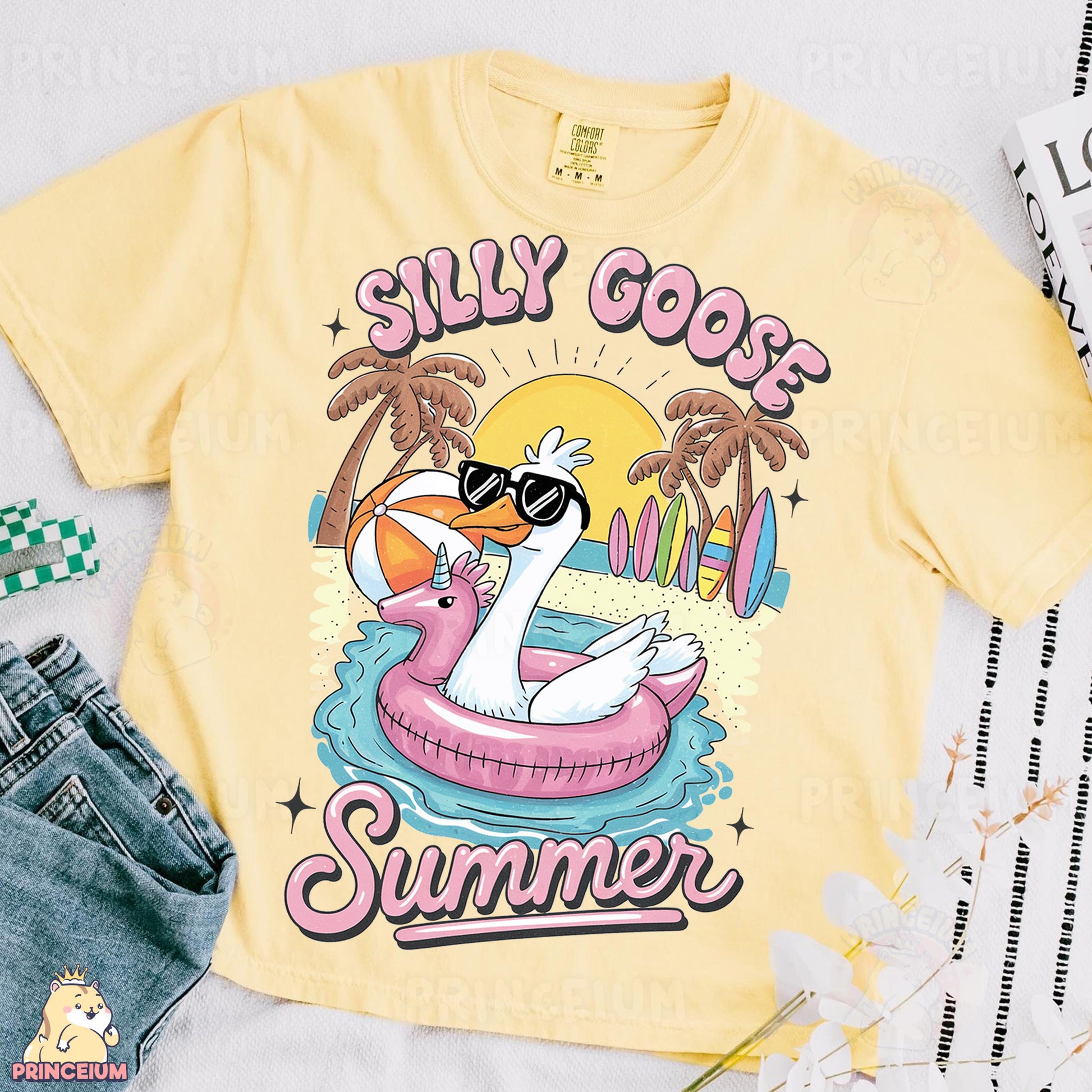 a t - shirt that says silly goose on a flaming in an inflatable