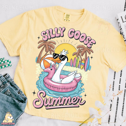 a t - shirt that says silly goose on a flaming in an inflatable
