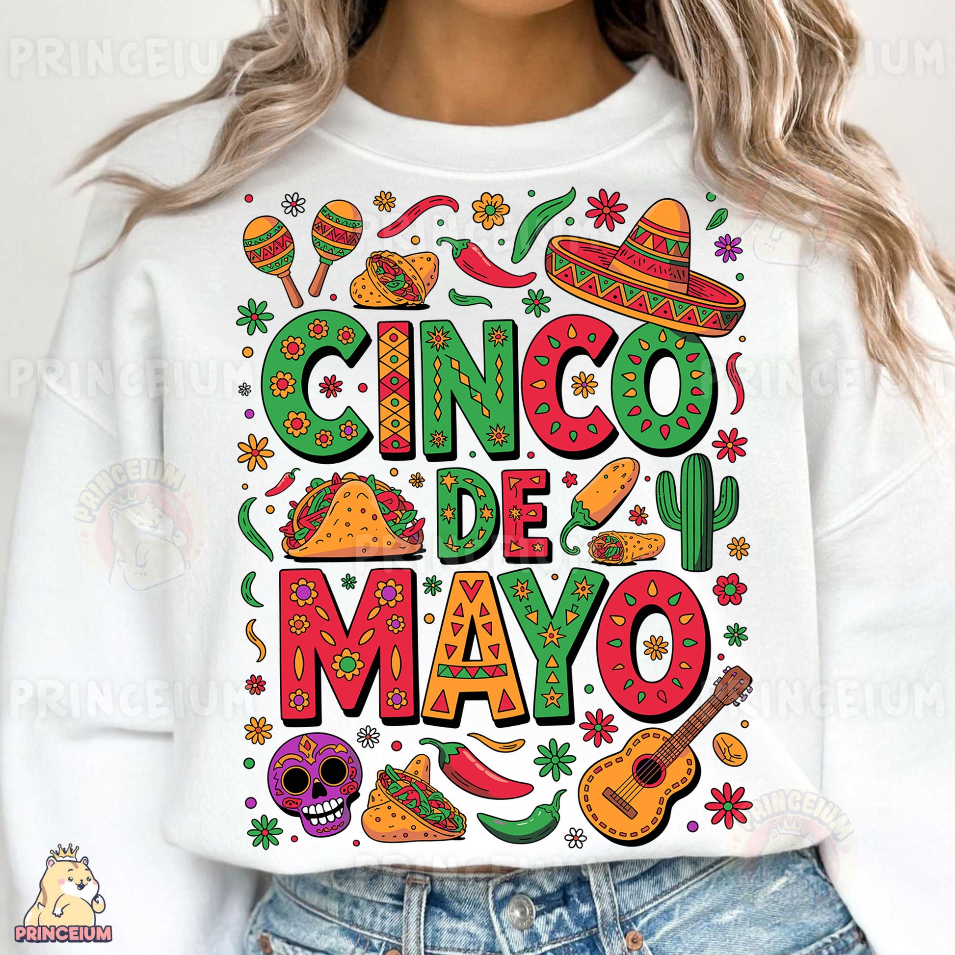 a woman wearing a cinco de mayo sweatshirt