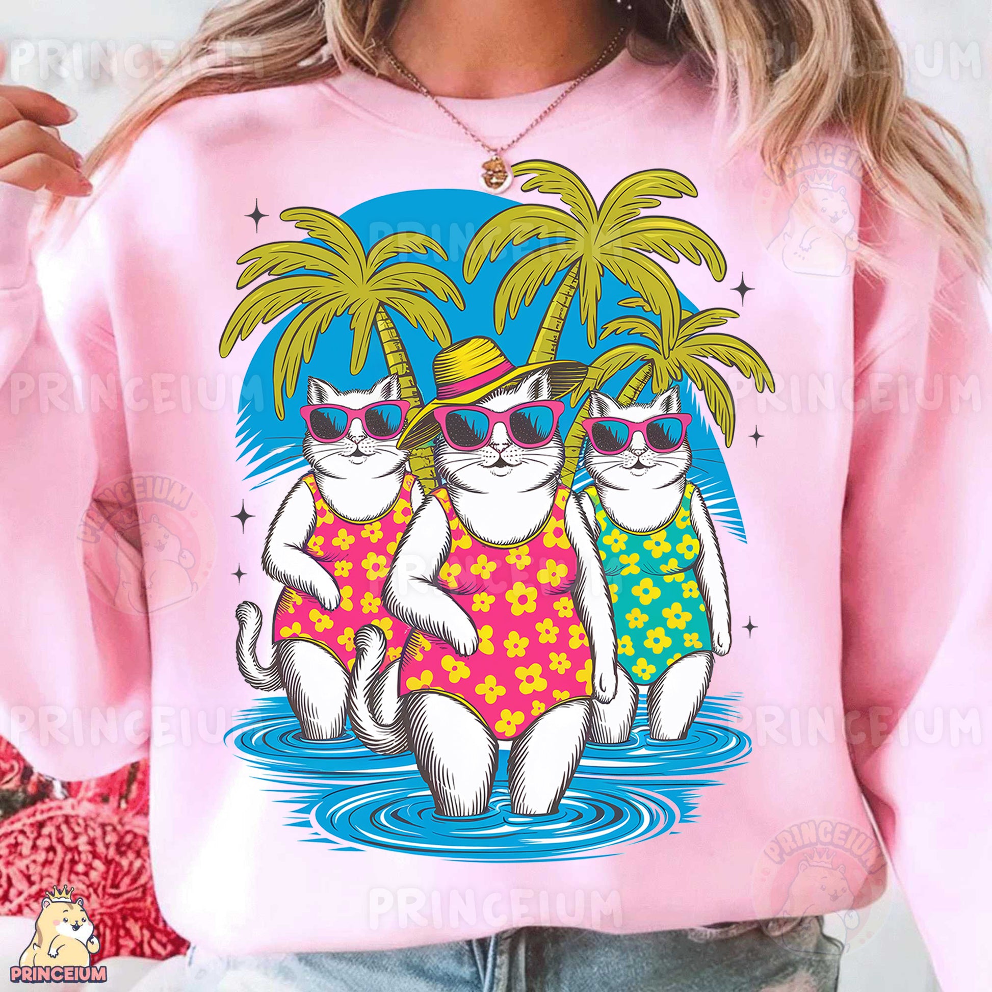 a woman wearing a pink shirt with two cats wearing sunglasses