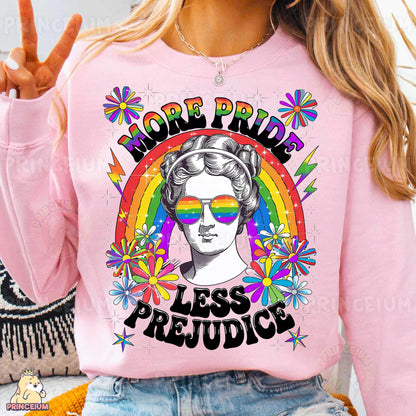 a woman wearing a pink shirt that says more pride less pride