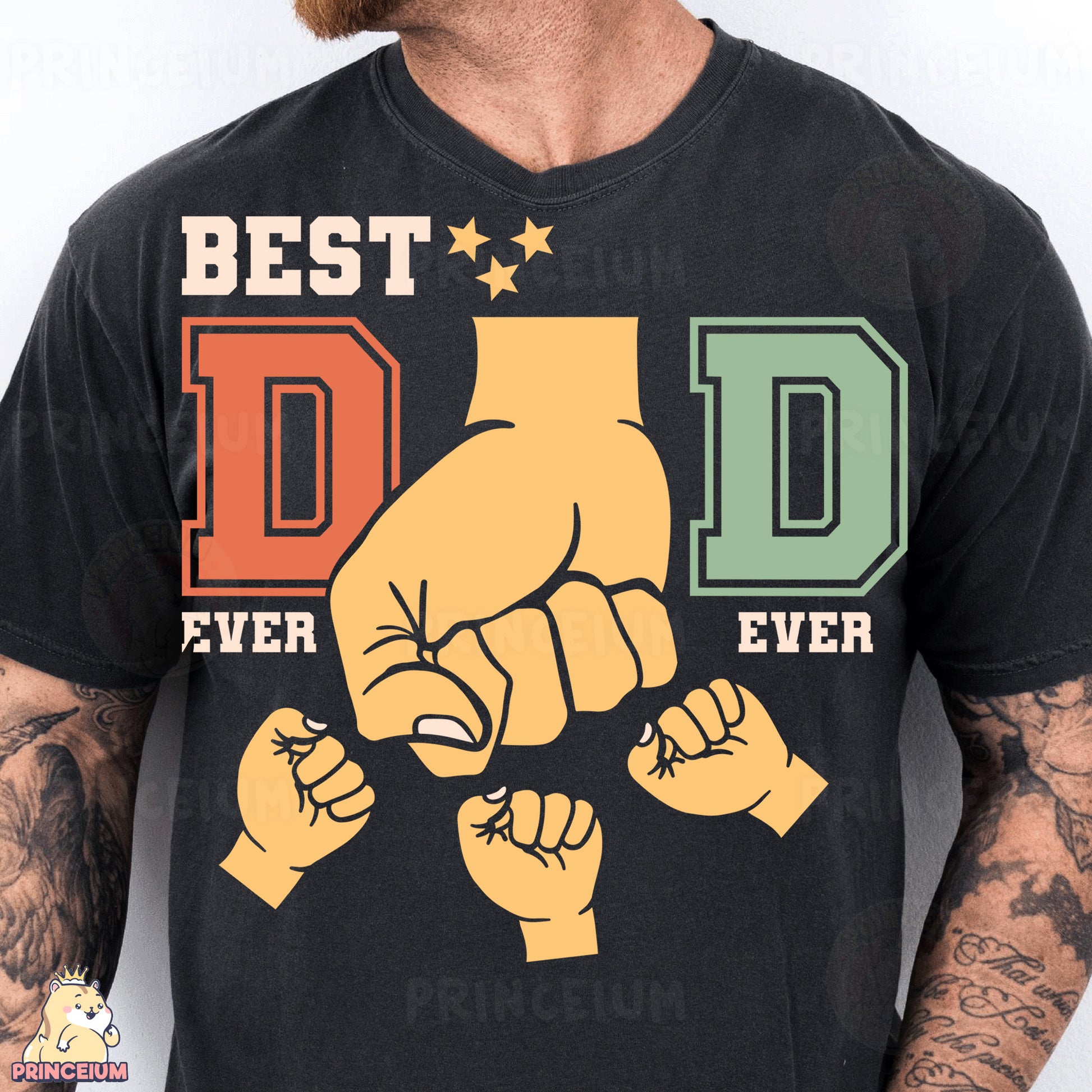 a man wearing a black t - shirt with the words best dad ever written on