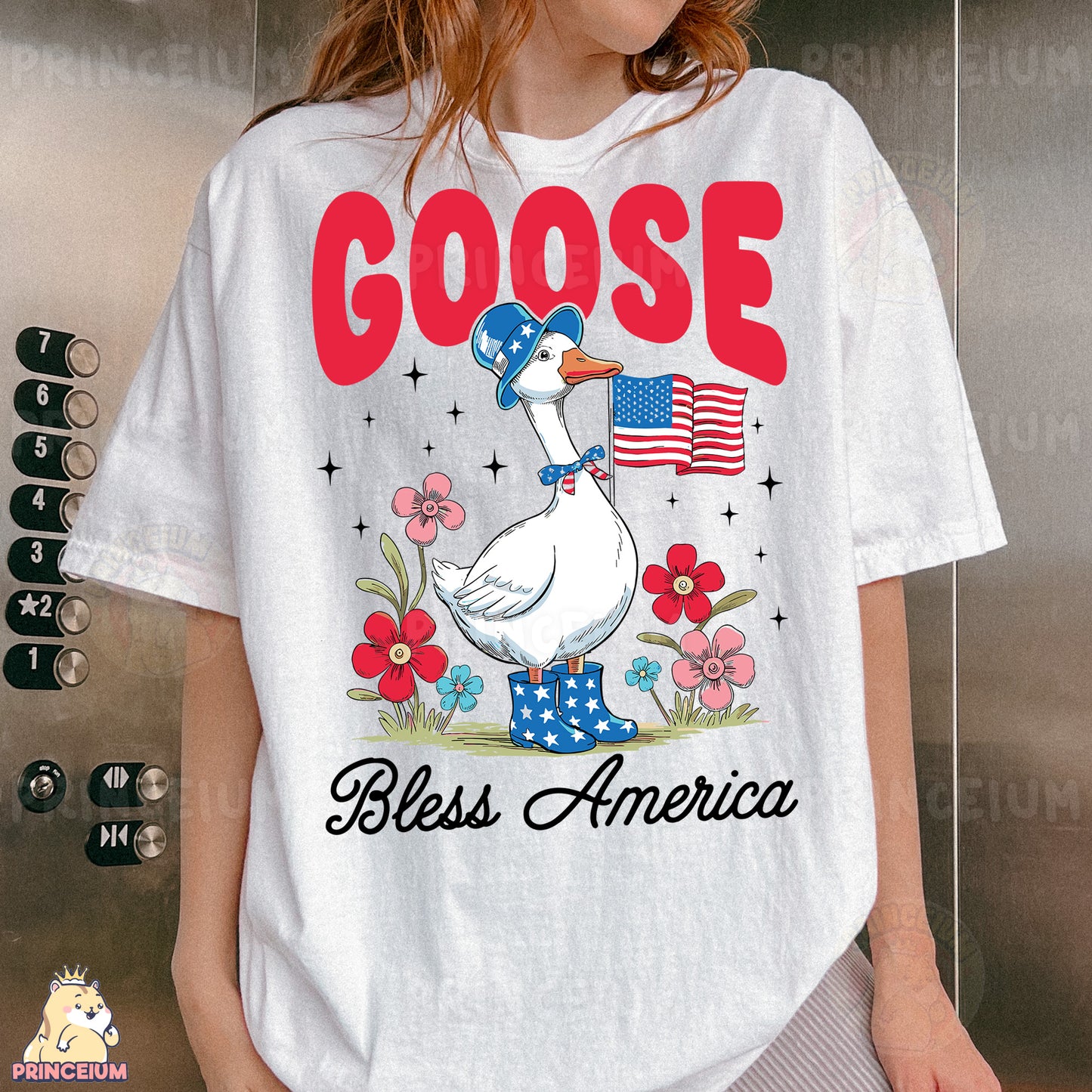 a woman wearing a goose shirt with an american flag on it
