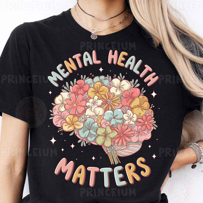 a woman wearing a t - shirt that says mental health matters